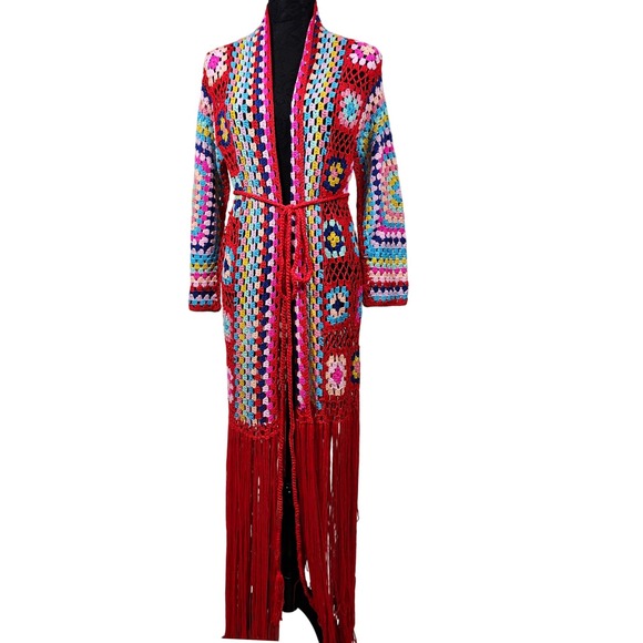 Boho Crochet Granny Square Kimono Cardigan Red Fringe Multicolor One Size - Picture 3 of 8